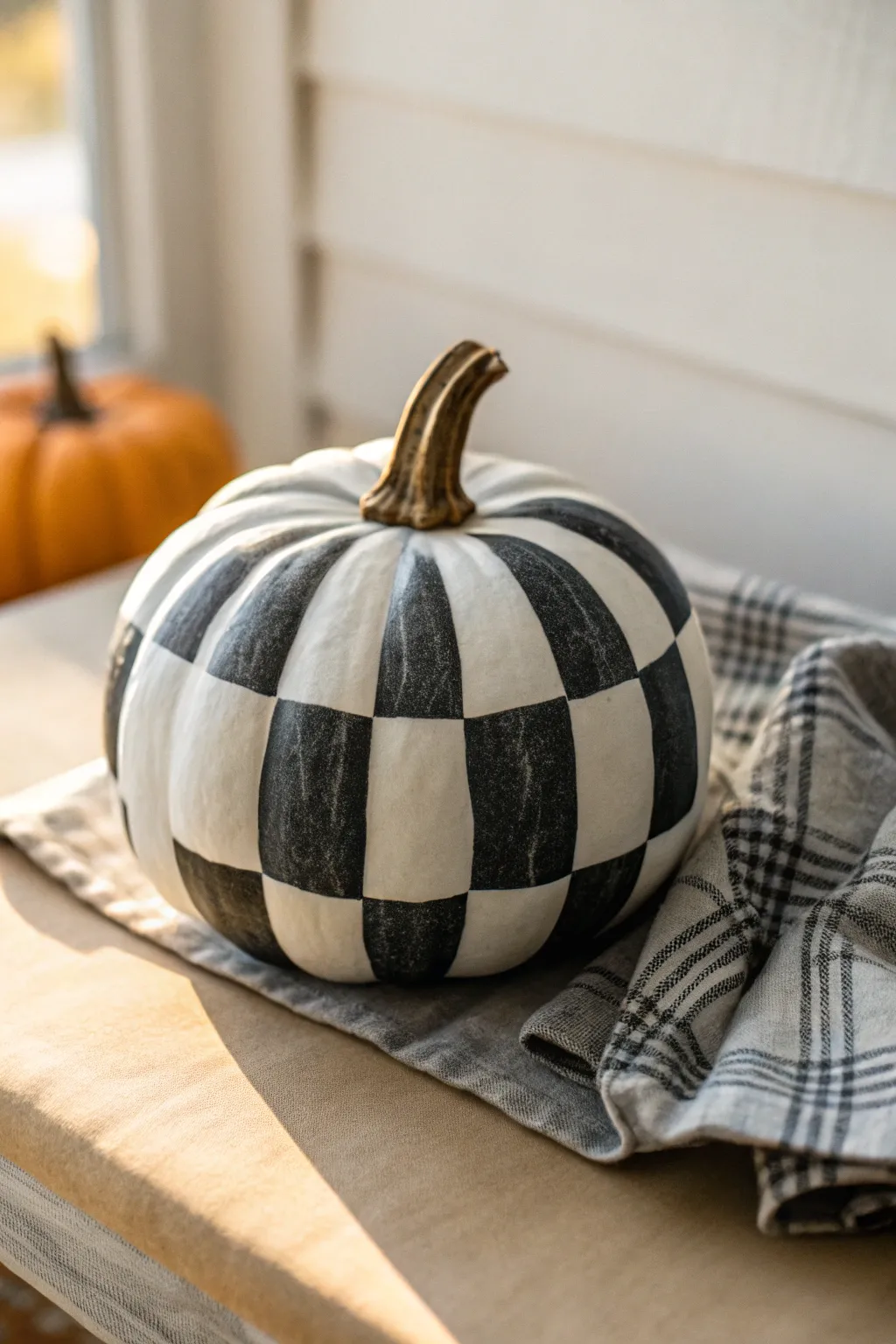 Deep-neutral buffalo check pumpkin with cozy flannel accents and warm minimalist autumn mood