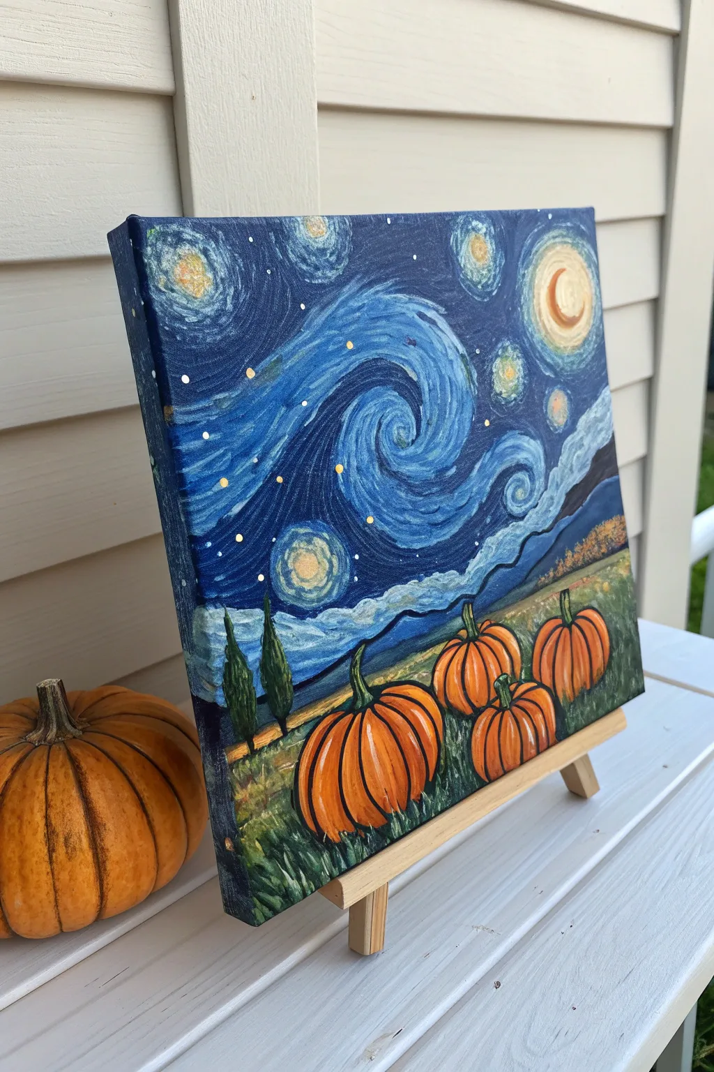 Swirling starry sky meets simple pumpkins in a cozy minimalist-boho pumpkin patch painting idea.