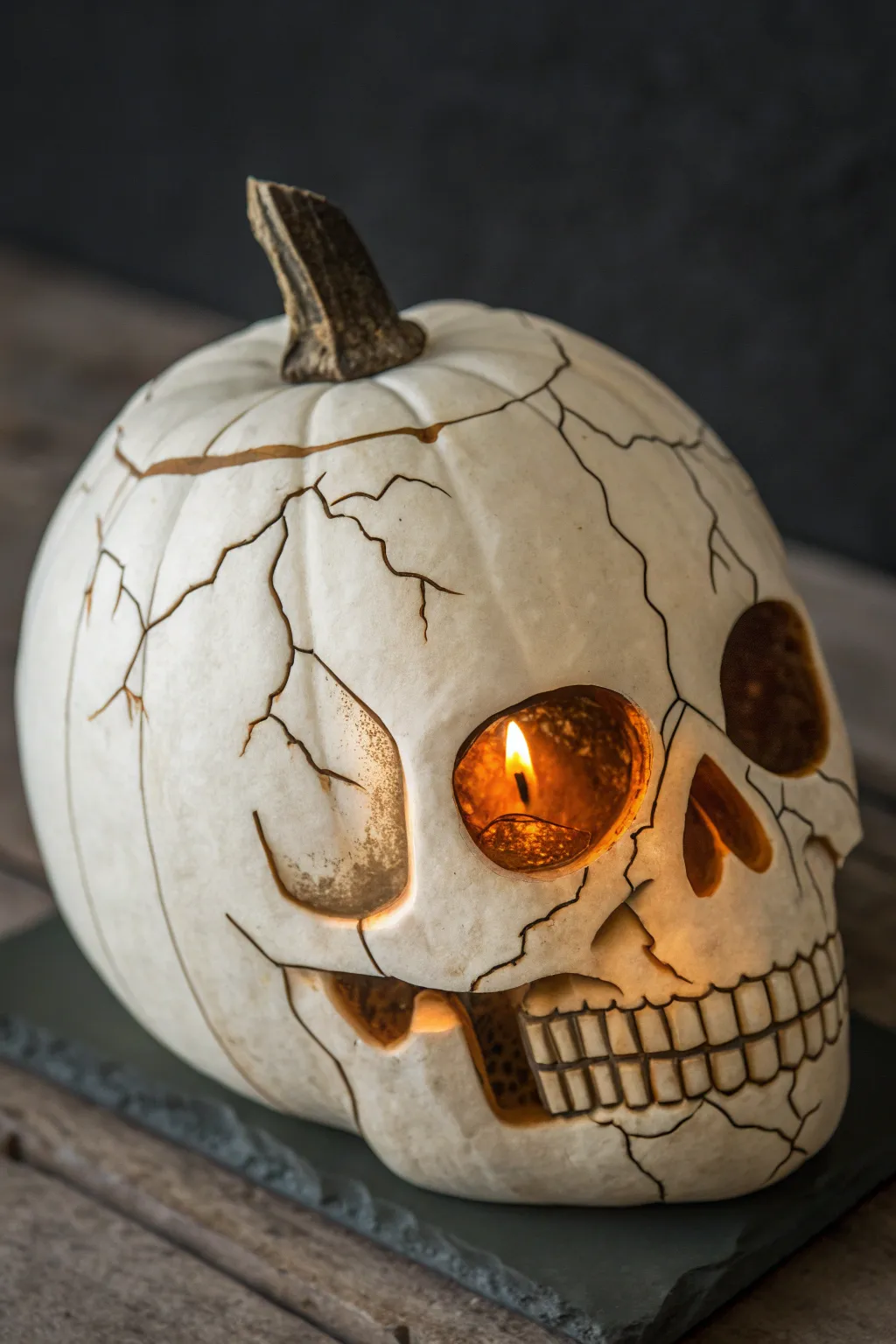Minimal cracked-skull pumpkin with a soft inner glow for chic Scandinavian spooky decor