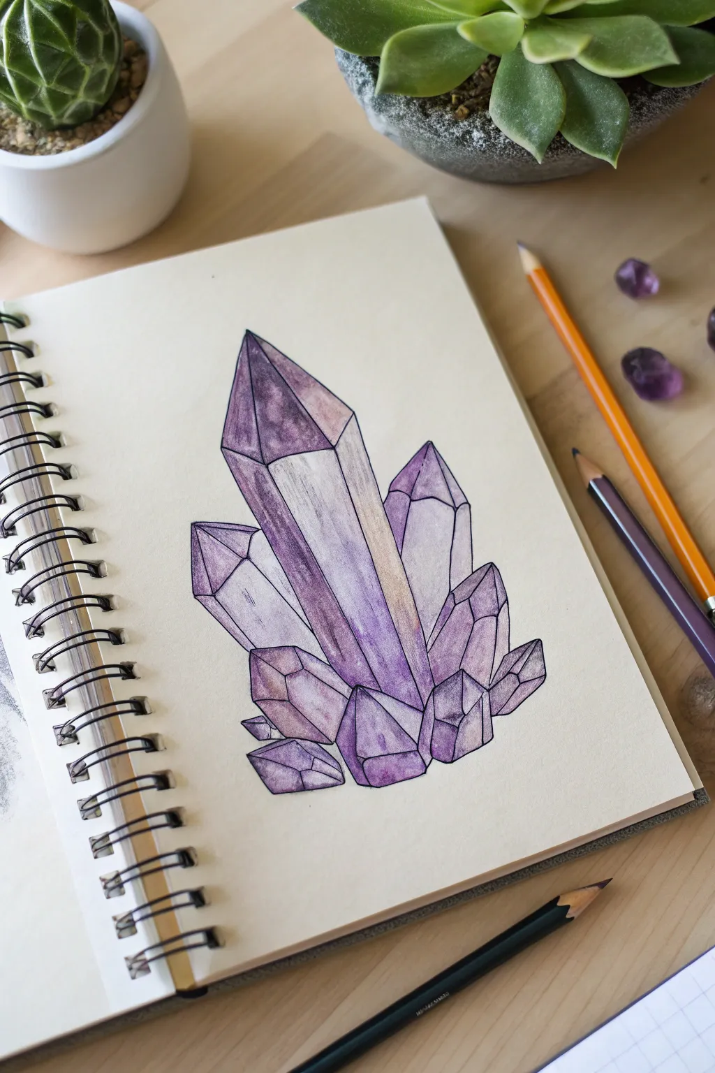 Amethyst crystal sketch in layered purples with crisp facets and high-contrast highlights