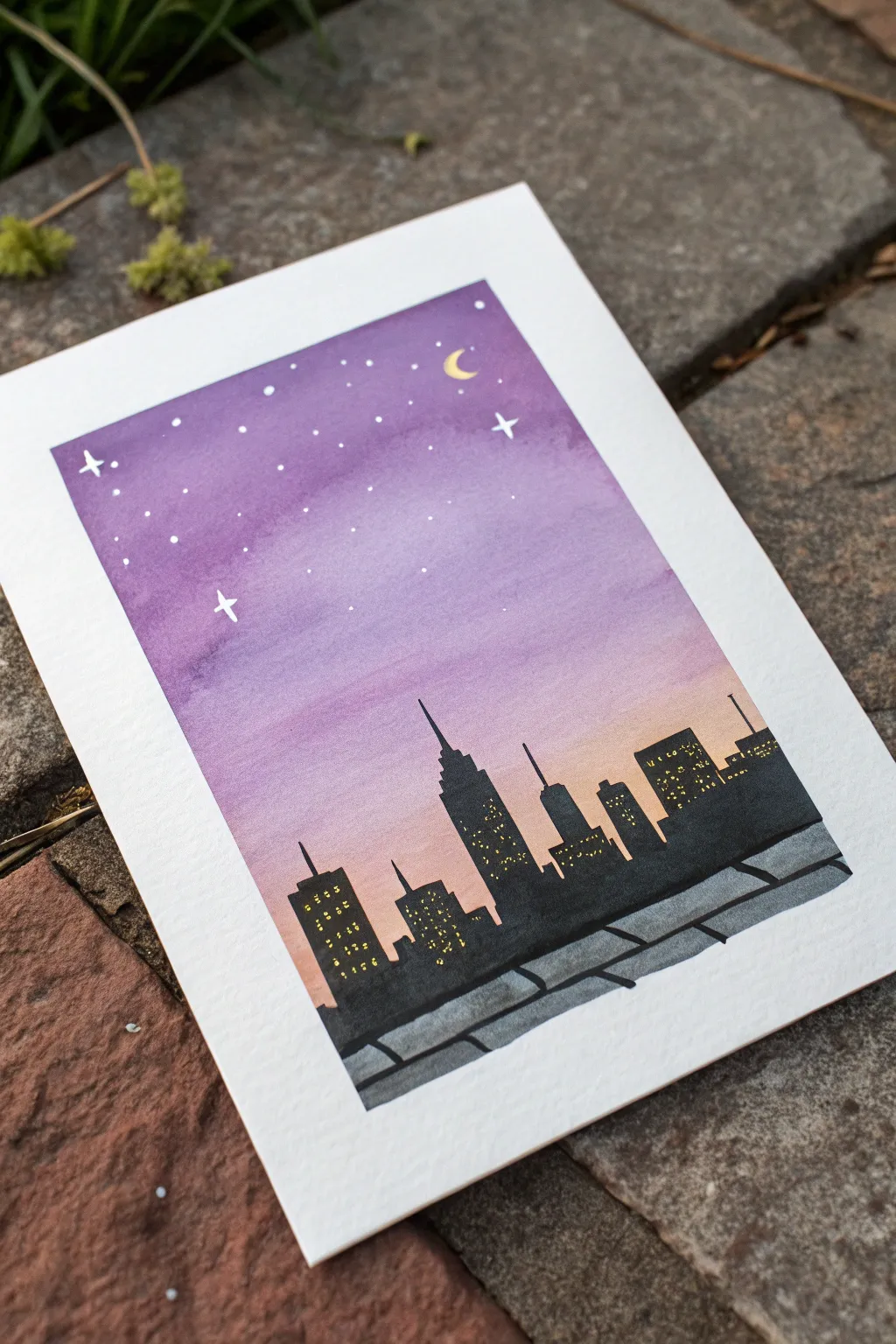 Easy purple twilight skyline silhouette with bold black shapes and tiny glowing windows