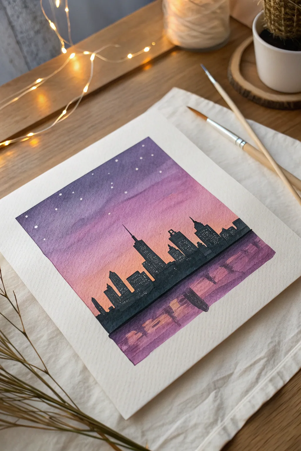 Minimalist purple dusk skyline painting with warm window lights and crisp silhouette contrast
