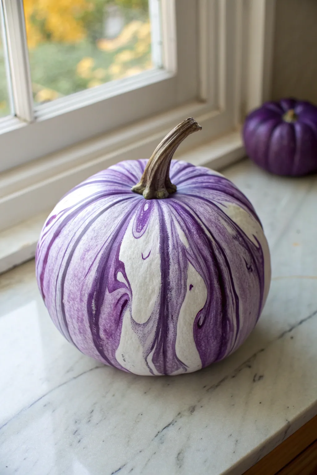 Swirled purple marble pumpkin close-up, minimal Scandinavian boho styling, perfect painting reference