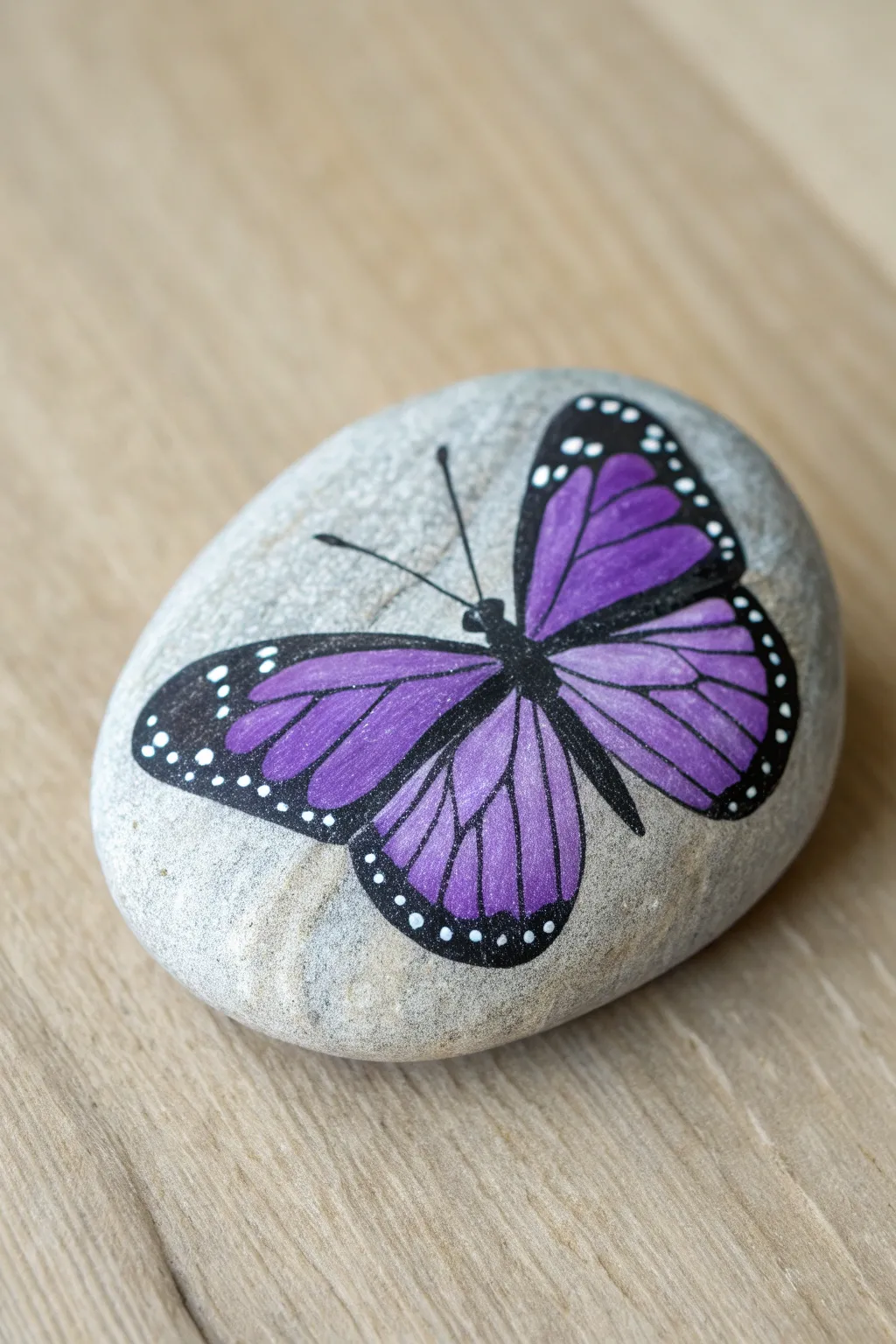 Purple butterfly rock art with crisp black outline and white dot accents in minimalist styling