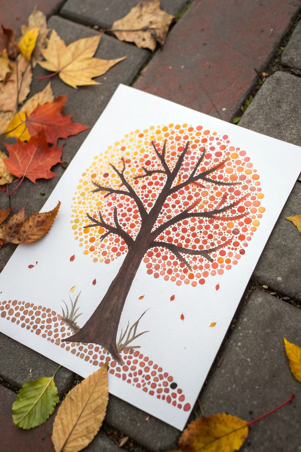 Autumn tree canopy made with warm Q tip dots, bold dark trunk and falling leaves