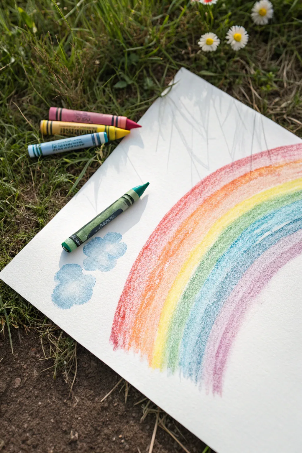Crayon-resist rainbow reveal with watercolor wash, minimal Scandinavian boho craft vibe.