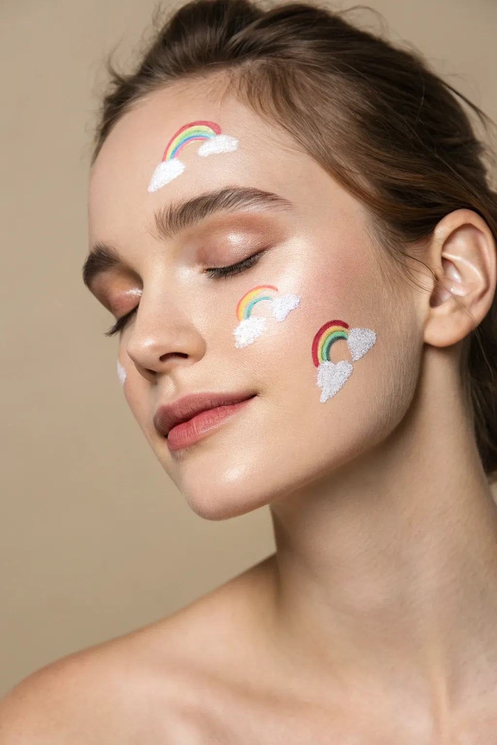 Airy cheek cloud clusters with tiny pastel rainbows for a minimalist boho face paint look