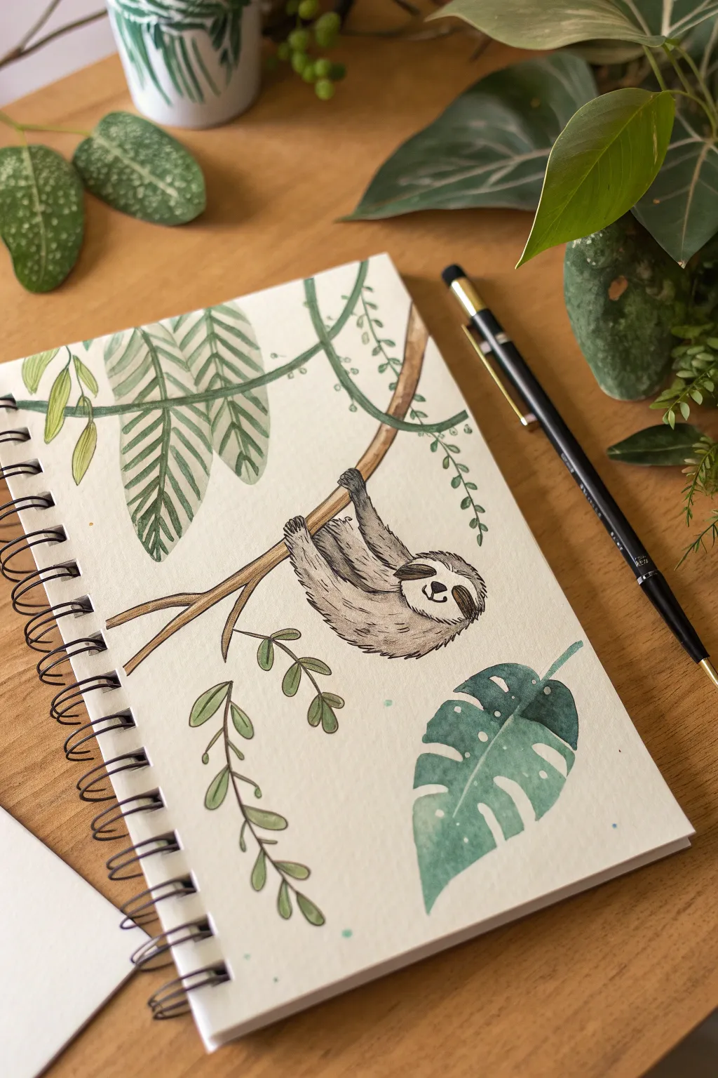 Minimal rainforest sloth on a branch, bold ink outline with layered green washes and calm boho mood