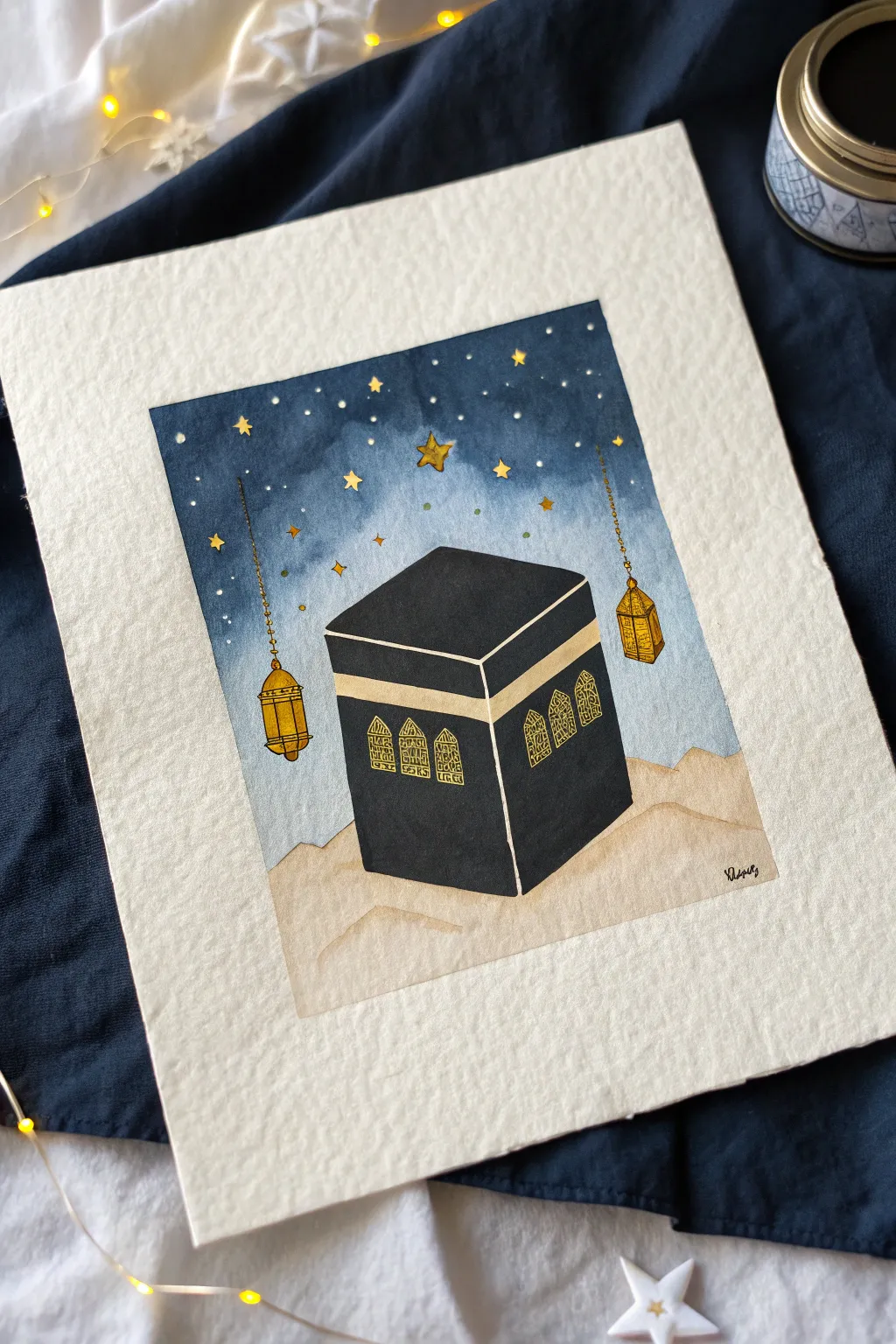 Simple Kaaba night scene with warm lights and starry gradient, perfect for Ramadan art practice
