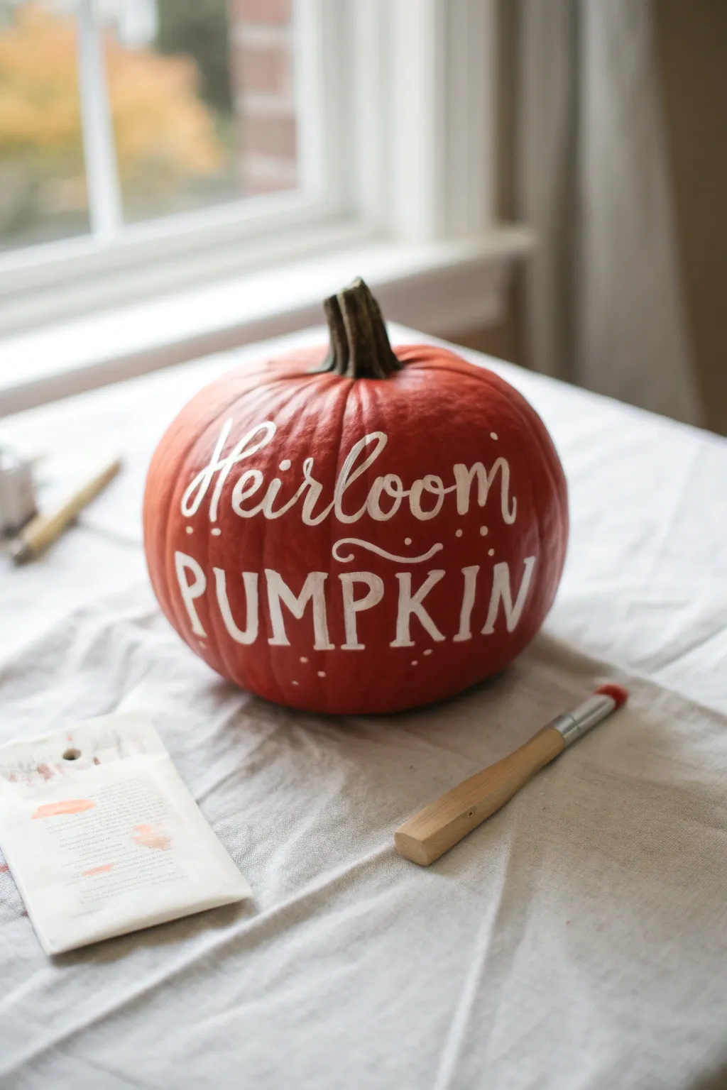 Minimalist red pumpkin with white hand lettering, styled with brush and sketch for easy DIY inspiration