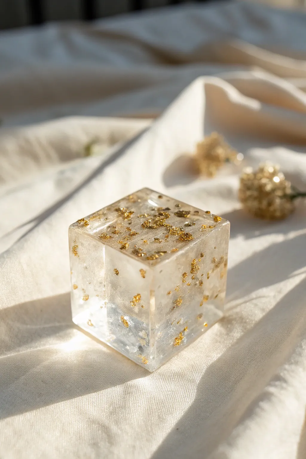 Floating gold flakes in a crystal-clear resin cube, minimal and airy with soft Nordic light.