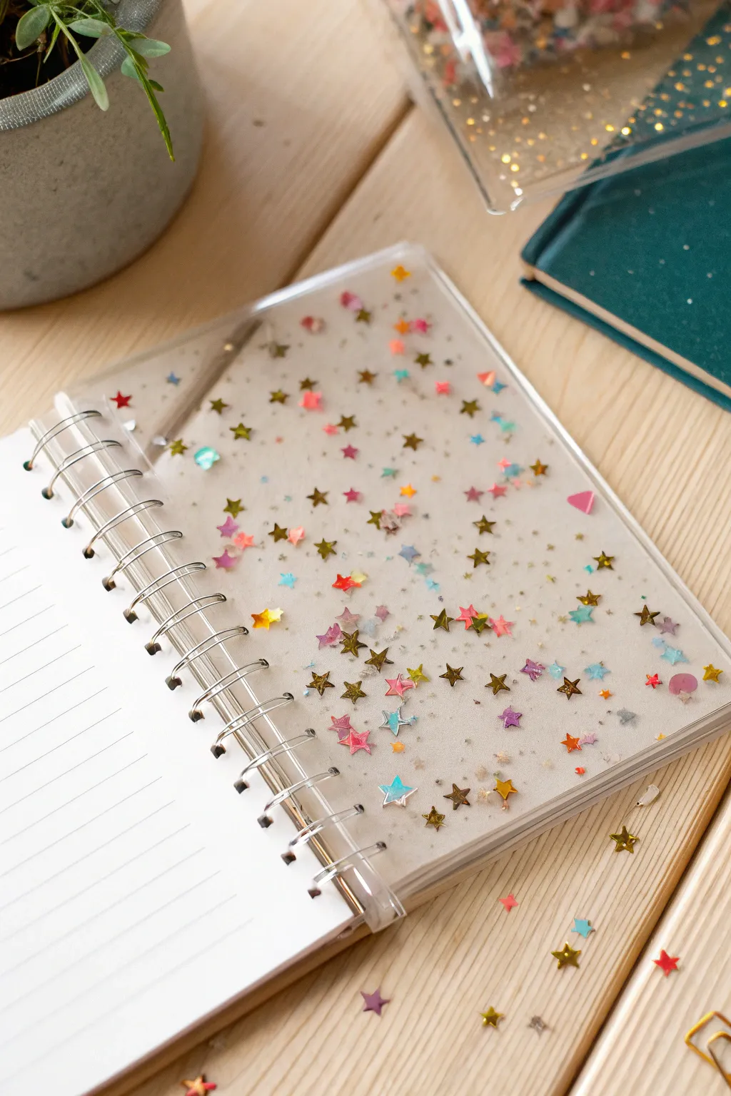 Clear resin notebook cover with colorful confetti sprinkles, minimal styling and crisp contrast