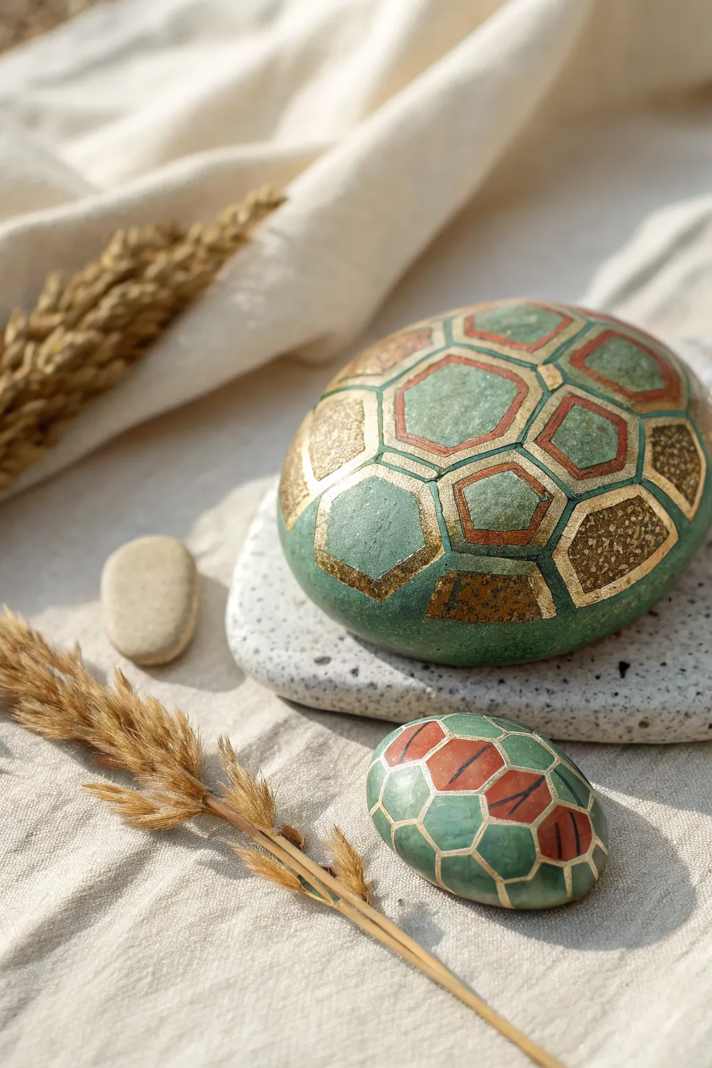 Minimalist turtle shell river rock duo in soft boho tones, perfect for easy painting inspiration.