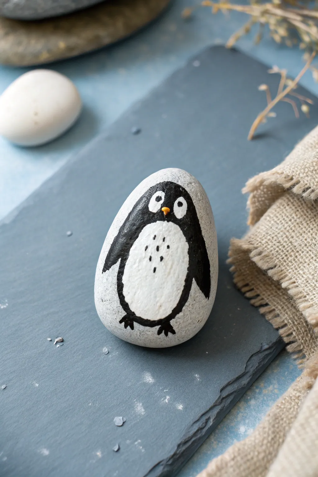 Minimal penguin rock with a soft polar friend behind, easy rock painting for kids inspiration.