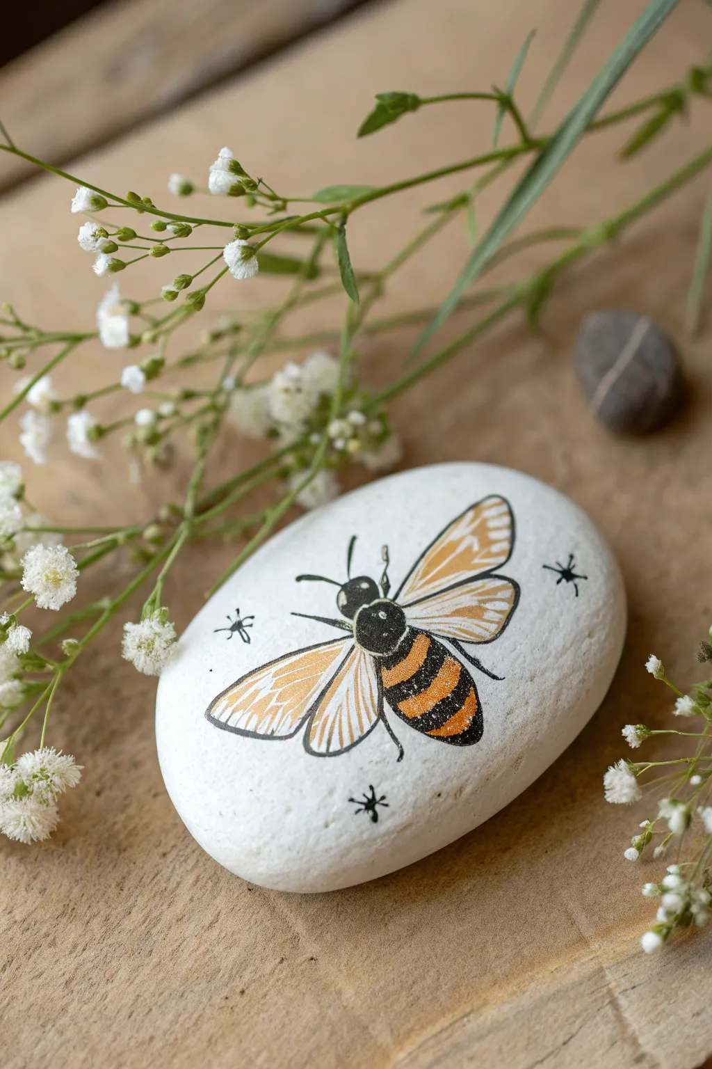 Bee and butterfly garden rock DIY with soft boho colors, perfect for minimalist outdoor decor