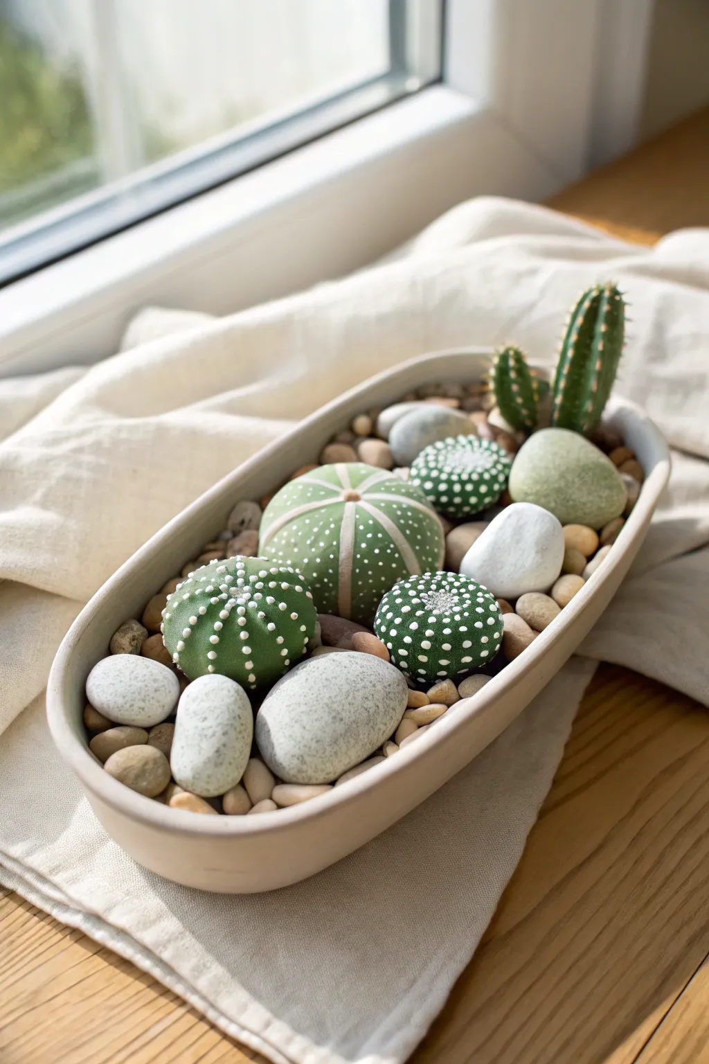 Mini cactus and succulent rock paintings arranged like a tiny desert garden in a minimalist tray.