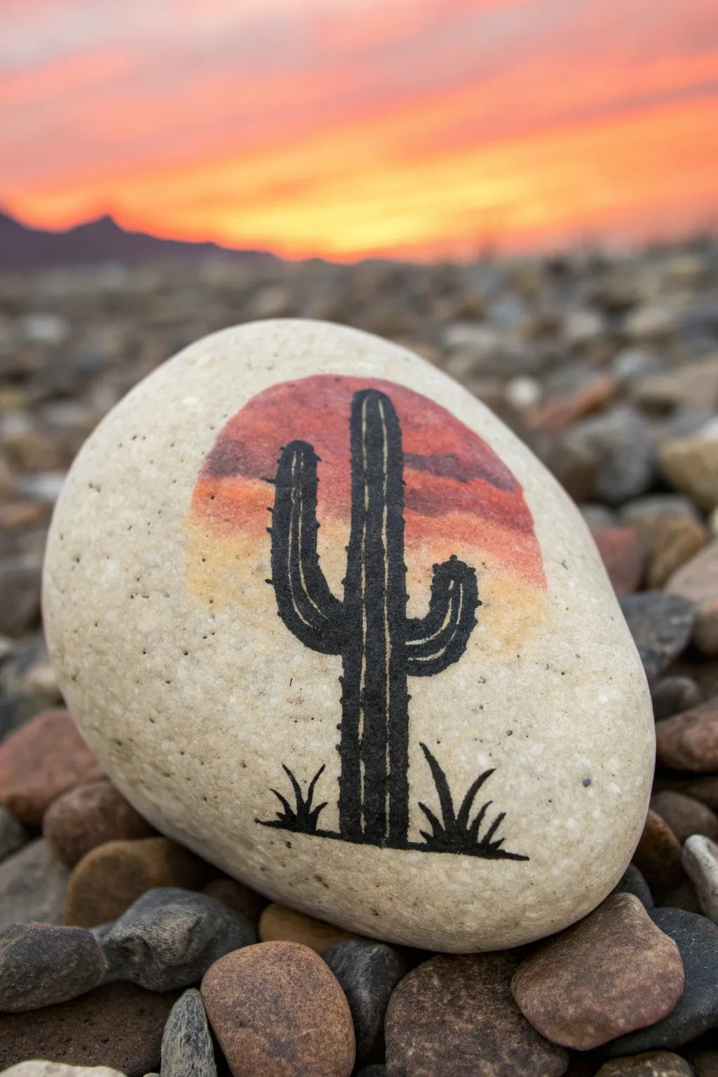 Fiery desert sunset rock painting with a bold cactus silhouette, minimal and beautifully handcrafted.