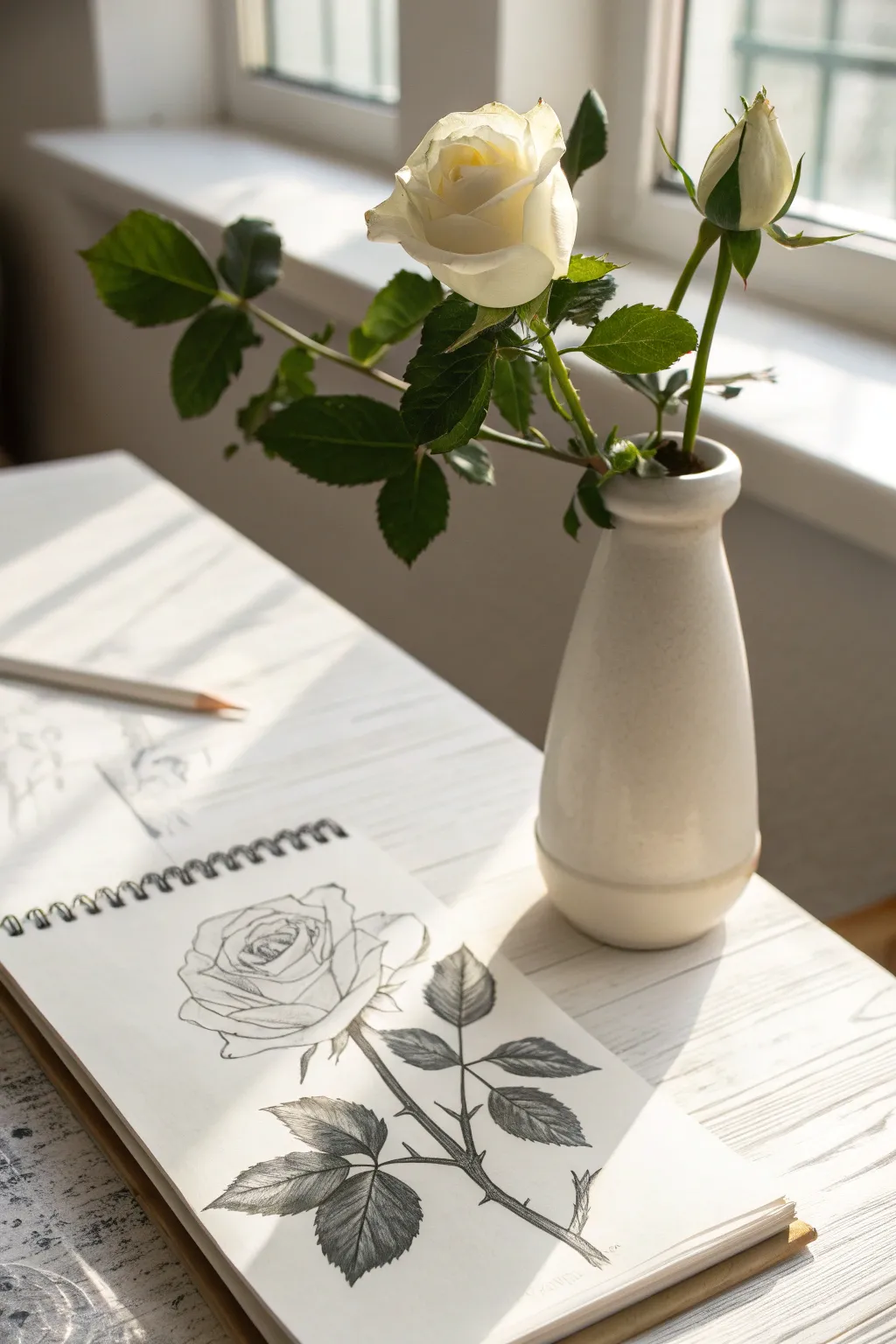 Minimal rose-in-vase sketch idea with soft shading and clean Scandinavian simplicity.