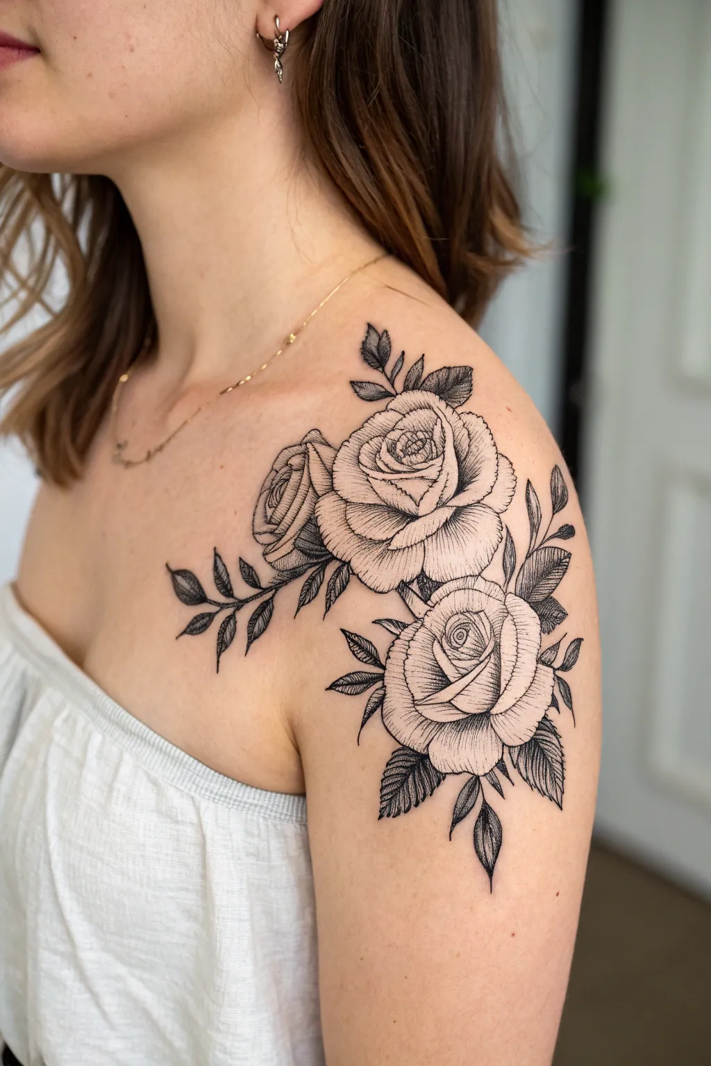 Shoulder-cap rose cluster tattoo idea with overlapping blooms and subtle shading for depth
