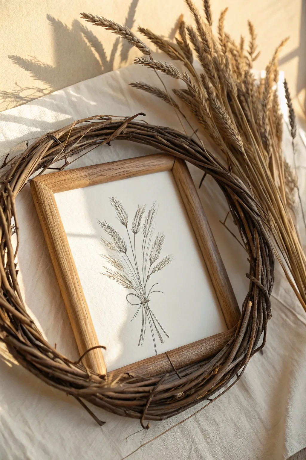 Rustic wreath meets botanical sketch in linen tones for cozy minimalist mixed media wall art.