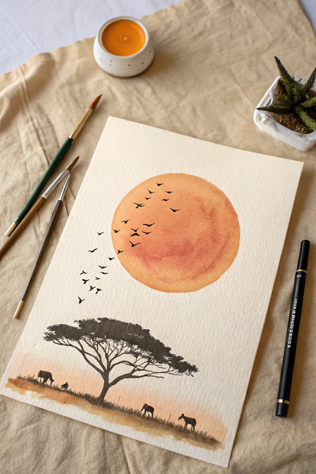 Minimal safari sun with birds in flight, a calm Scandinavian boho painting idea to try.