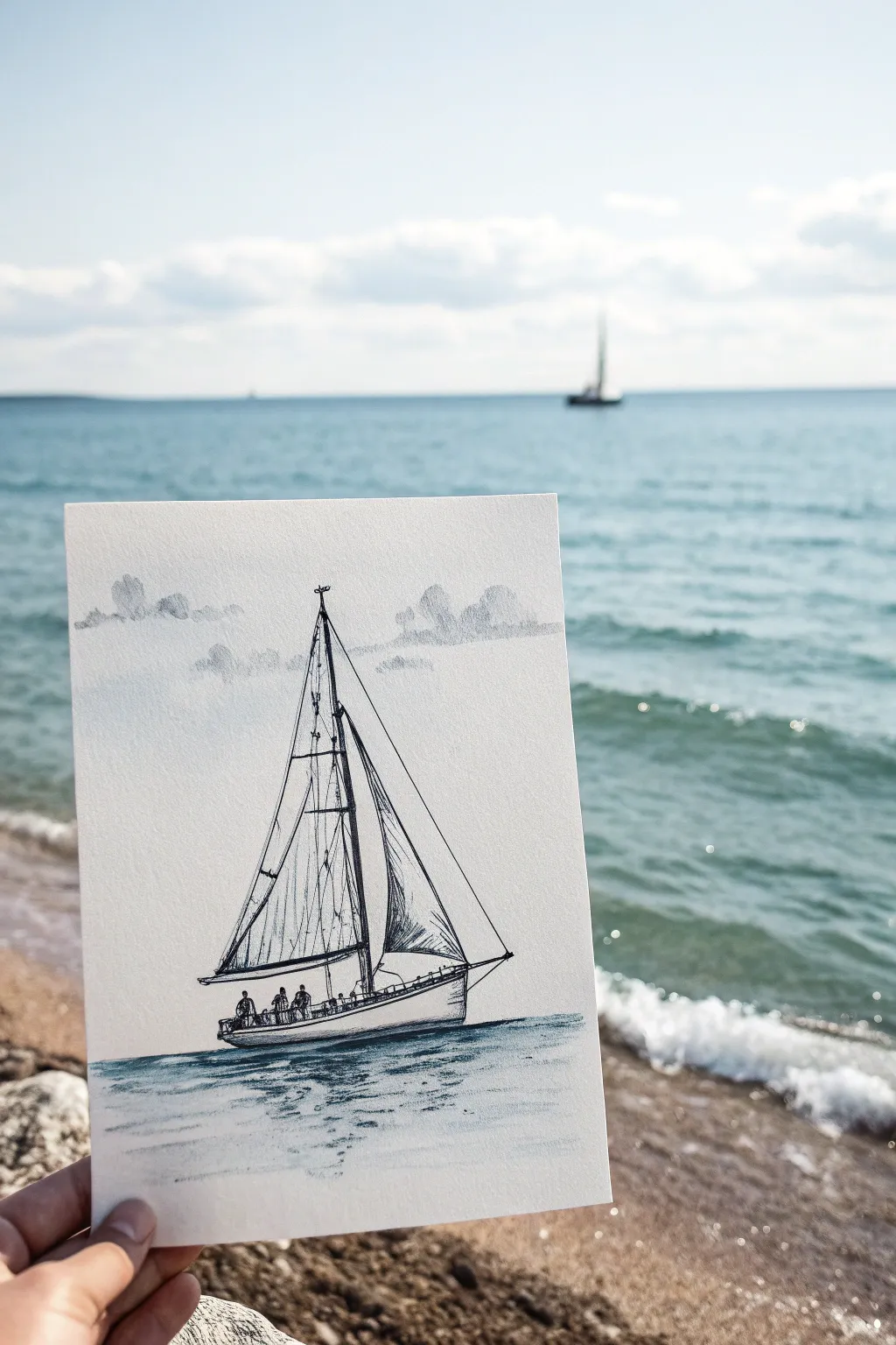 Simple line-and-wash sailboat with crisp ink and soft watercolor washes, airy and beginner friendly