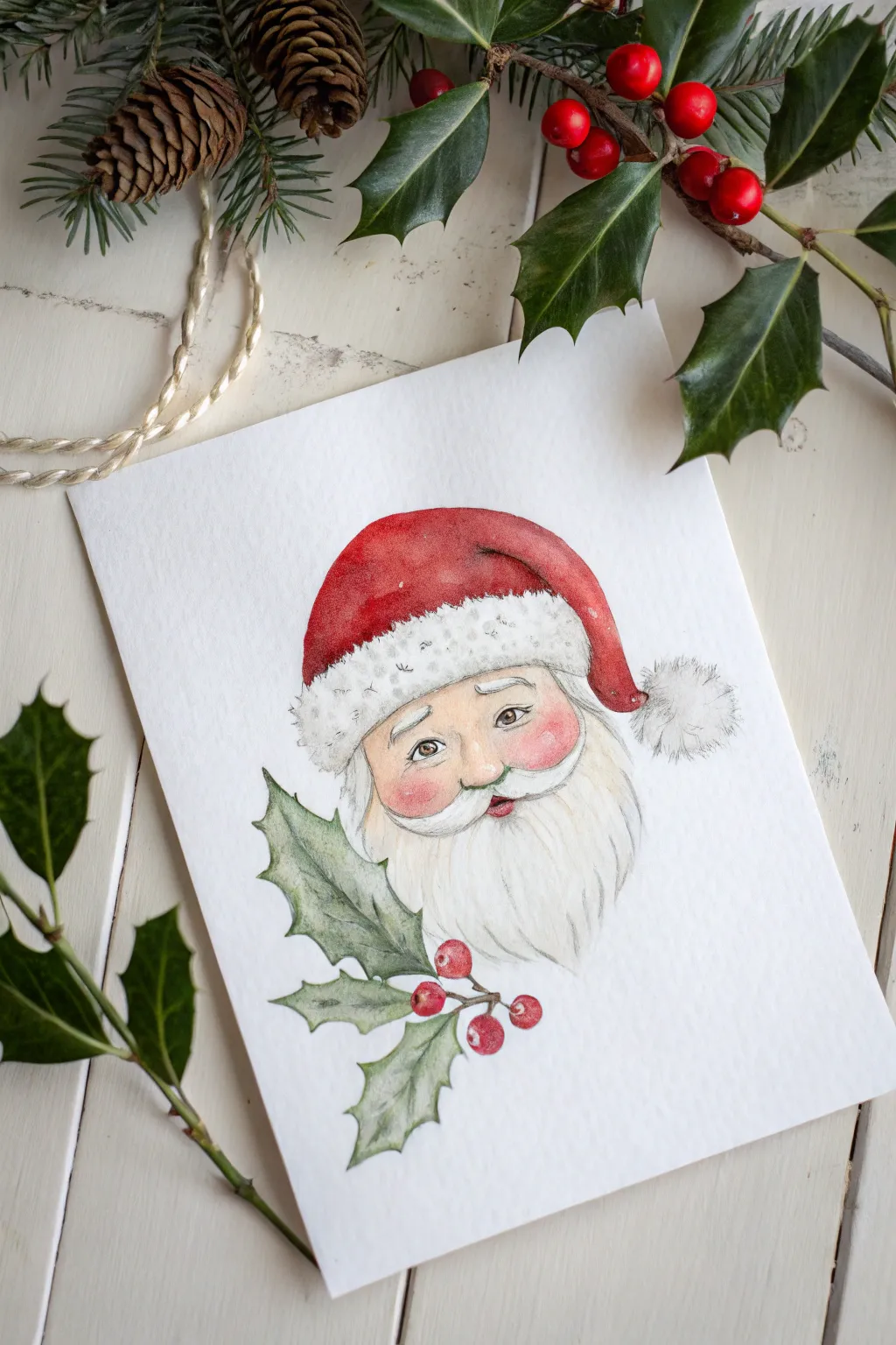 Minimal watercolor Santa with holly and berries, crisp reds and greens on snowy white.