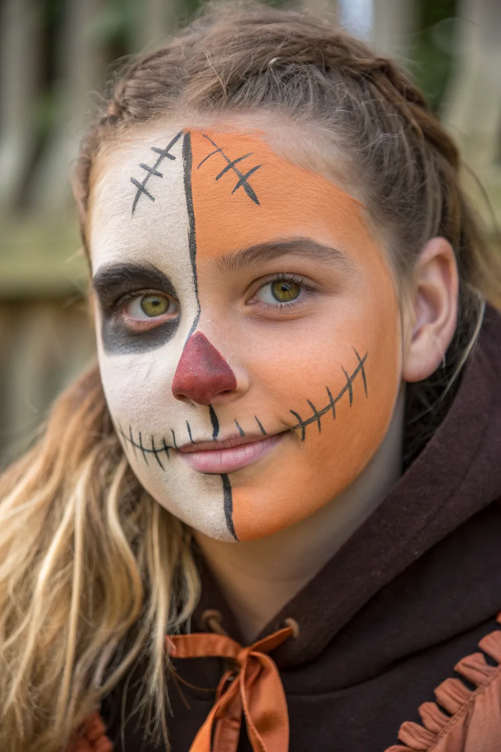 Half-face scarecrow makeup: natural on one side, stitched smile and pumpkin nose on the other.
