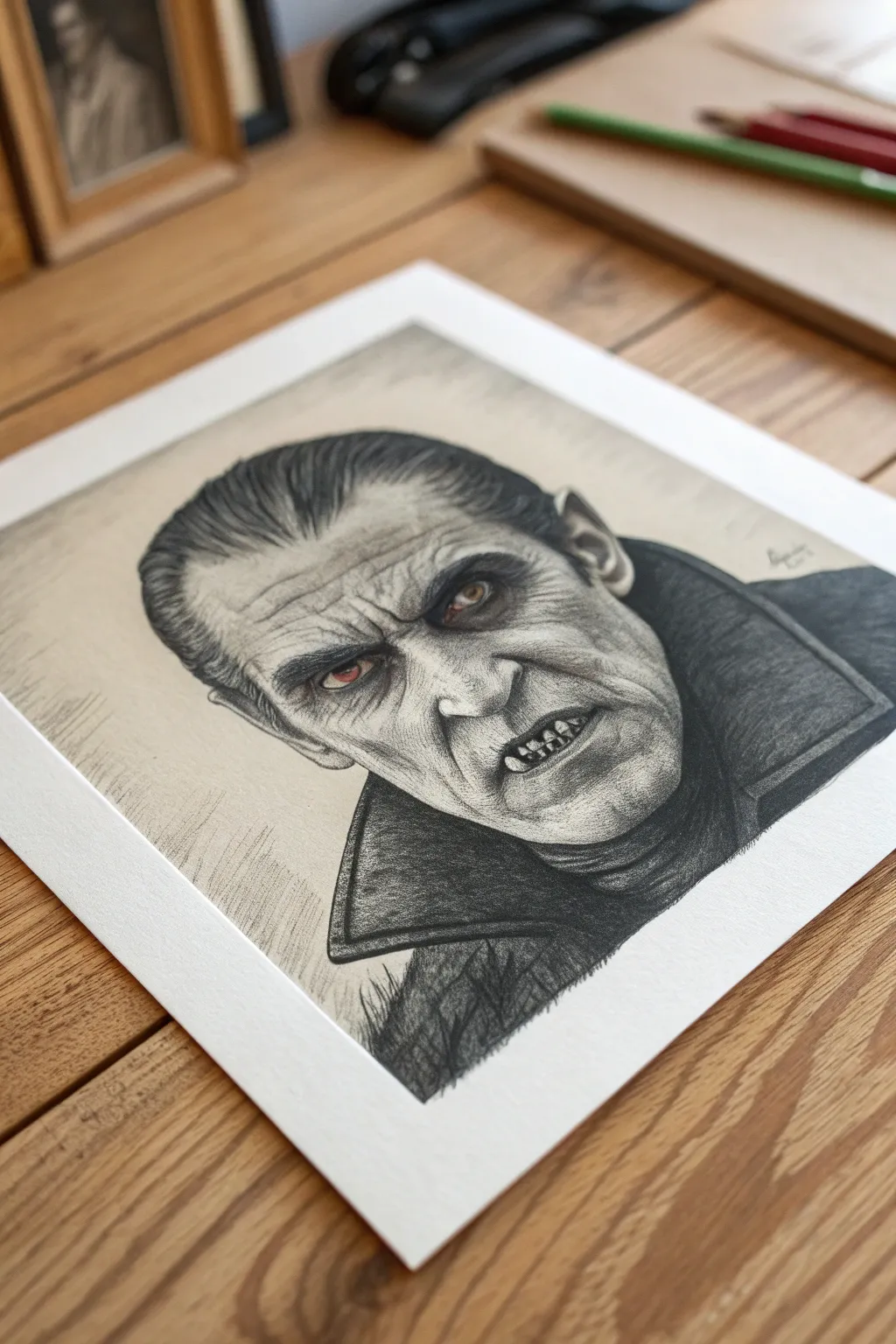 Dramatic vampire portrait sketch with deep shadows, blackened eyes, and razor fangs