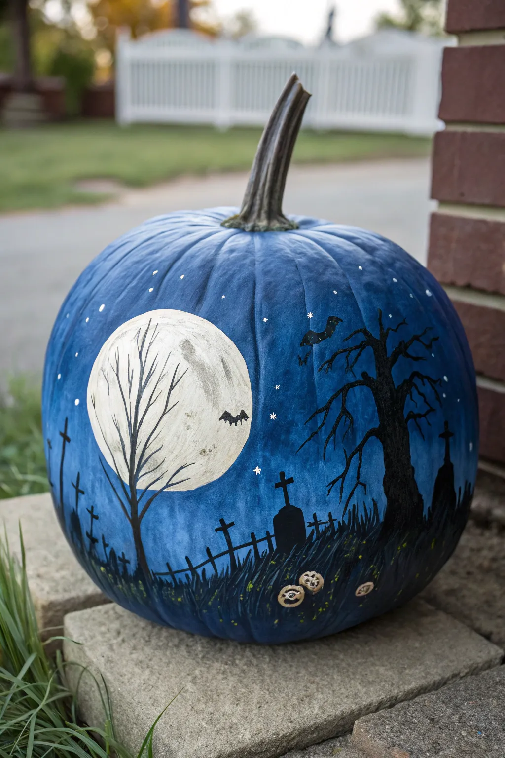 Deep blue pumpkin with a moonlit graveyard wraparound, spooky yet minimalist and elegant.