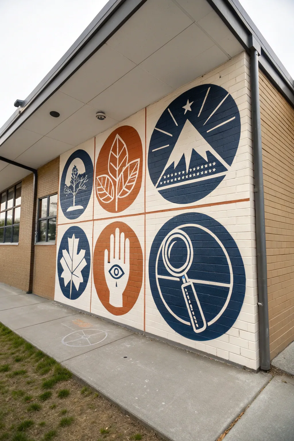Minimalist badge style values mural with hand painted icons, warm neutrals, and crisp contrast