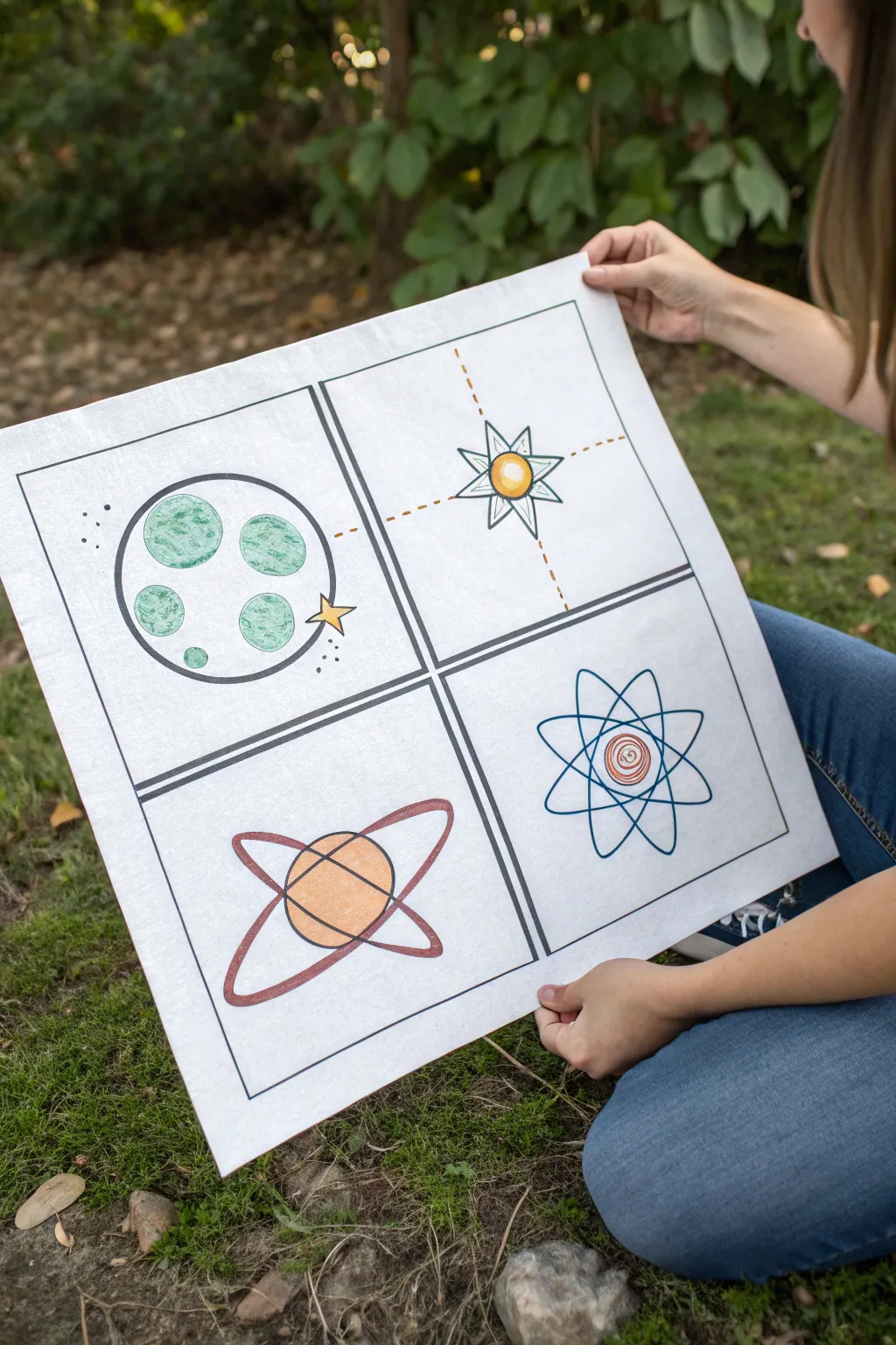 Minimal four-panel science grid in soft color blocks, perfect for creative study sketches.