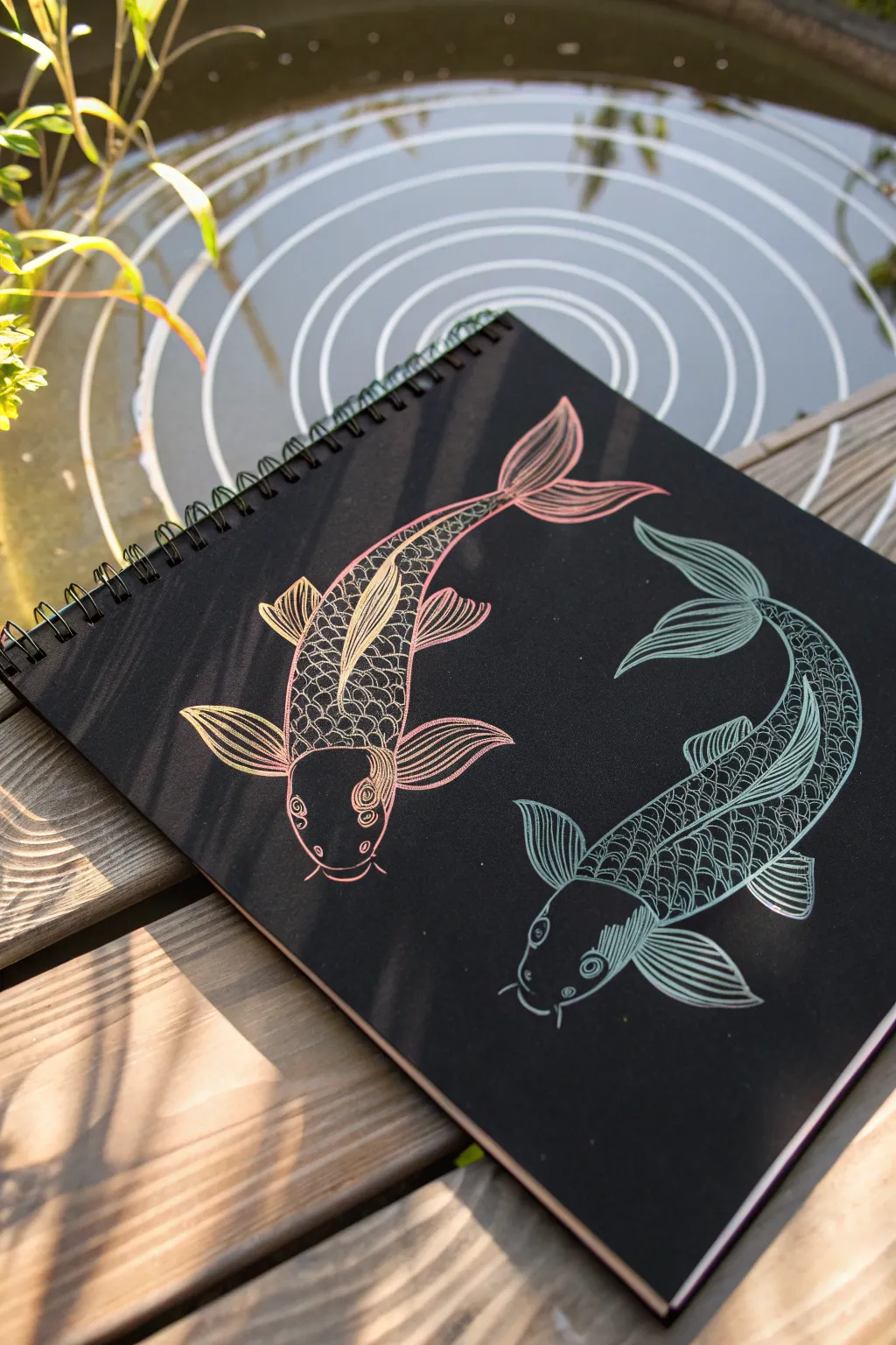 Scratch art koi duo with bold rainbow ripples on black, minimalist Scandinavian-boho mood