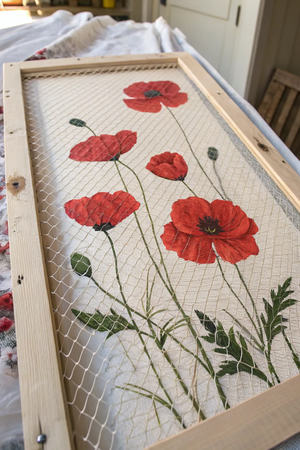 Thick, textured poppies on wire mesh screen for a cozy cottage look with bold contrast.
