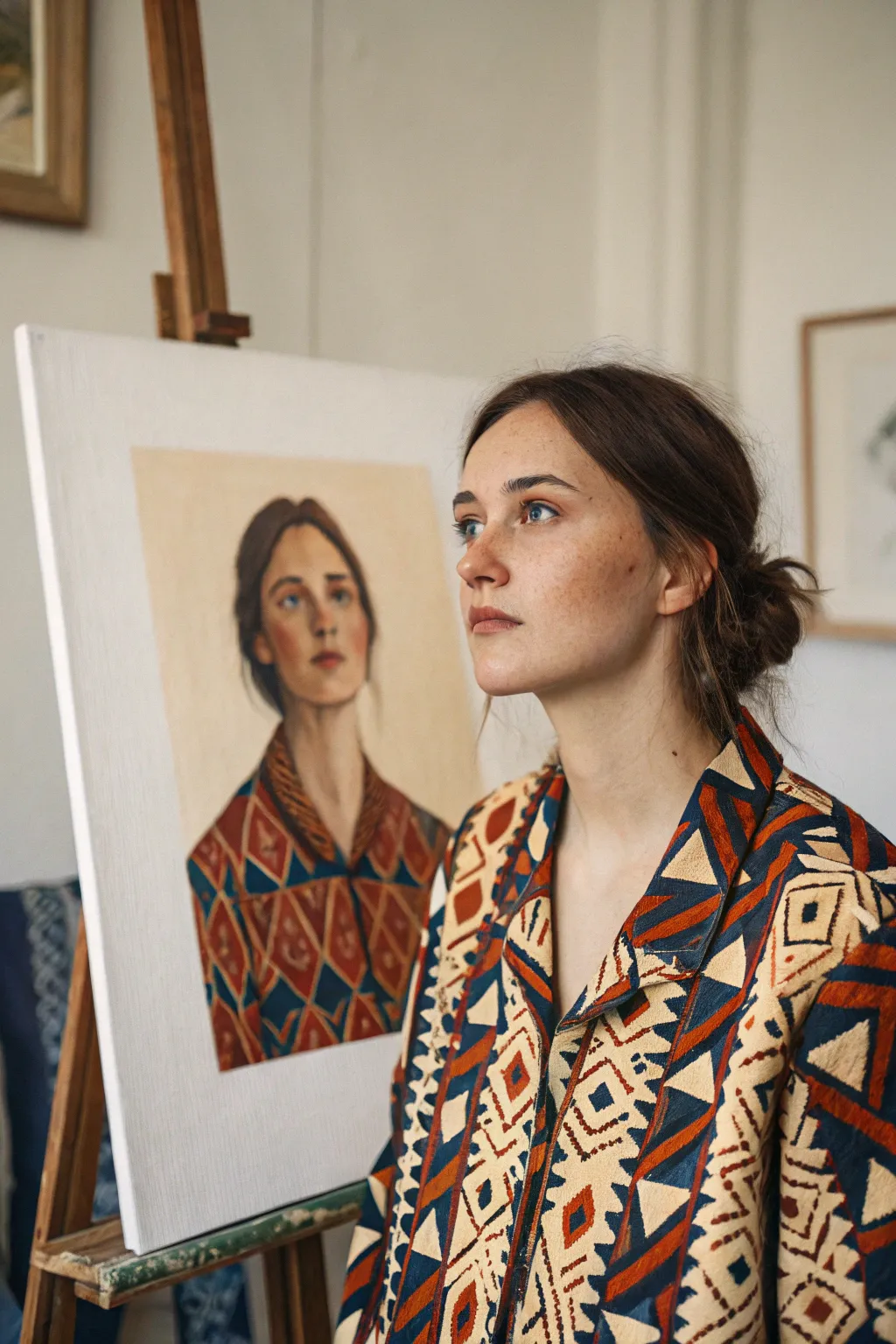 Self-portrait idea: bold patterned clothing against a calm minimalist background for contrast