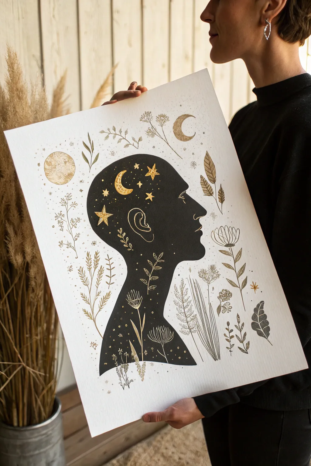 Bold silhouette self-portrait packed with tiny doodles, clean minimal backdrop, high contrast.