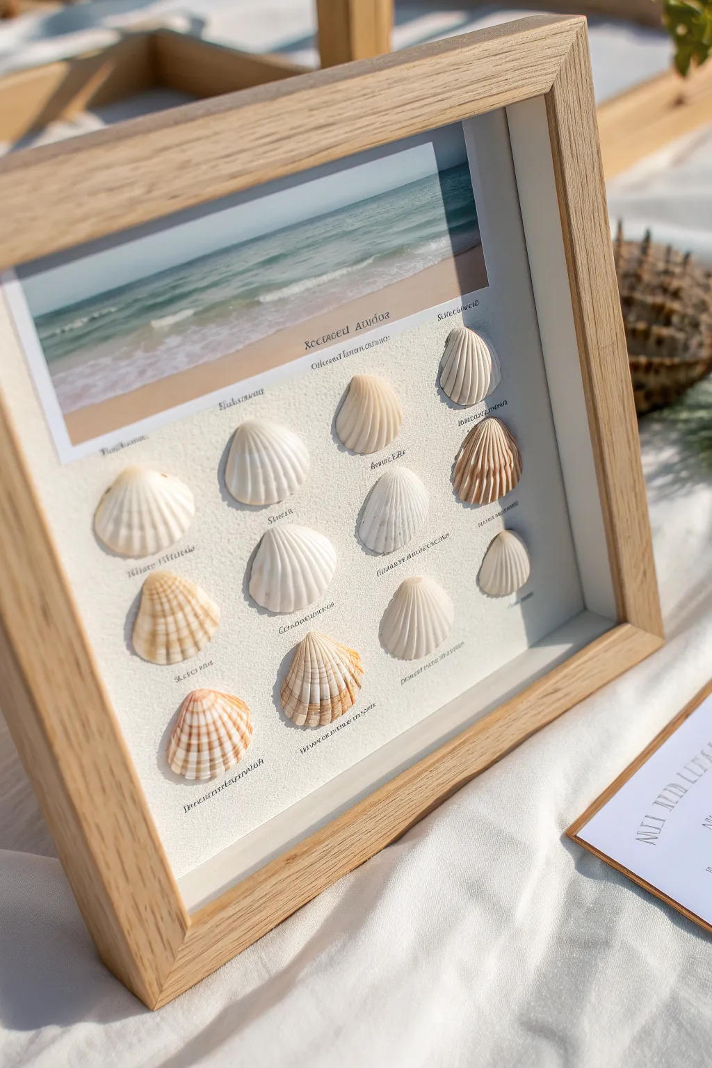 Seashell specimen shadow box with a sandy watercolor wash for a calm minimalist coastal look