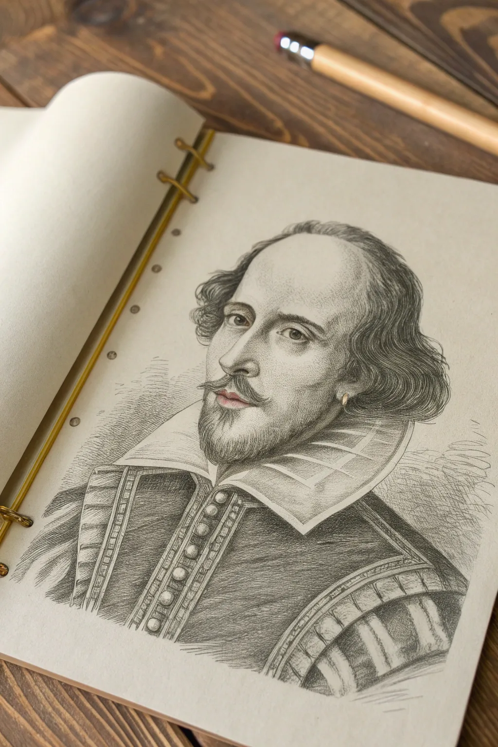 Soft blended graphite Shakespeare portrait with crisp beard edges and a shaded Elizabethan ruff