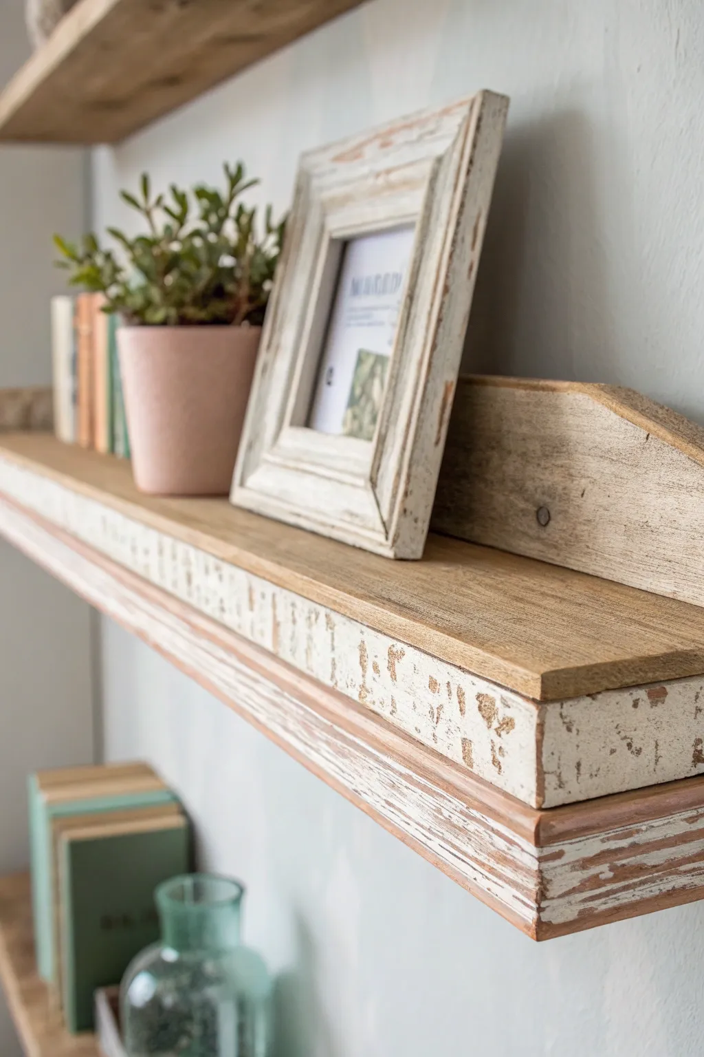 Close-up of a distressed painted shelf corner, showing sanded edges and soft layered patina