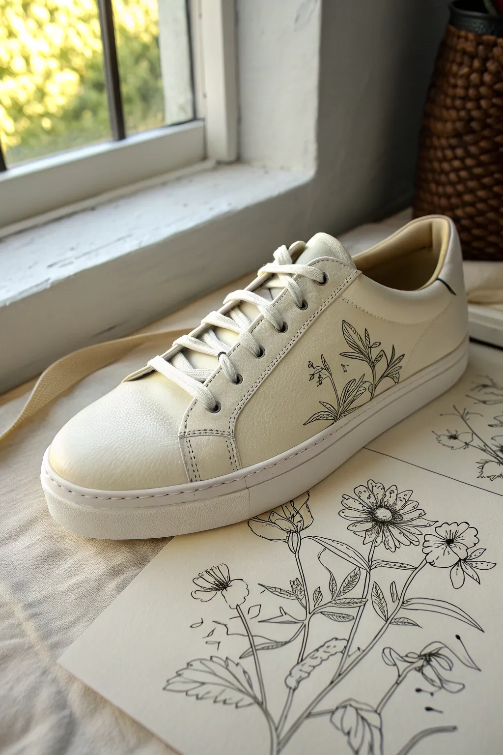 Minimalist cream shoe with airy black ink botanical sketch wrapping softly along the side.