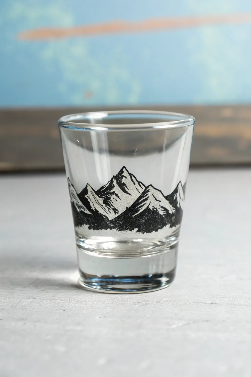 Minimal mountain band shot glass with a soft sky wash, crisp contrast and clean Nordic calm.