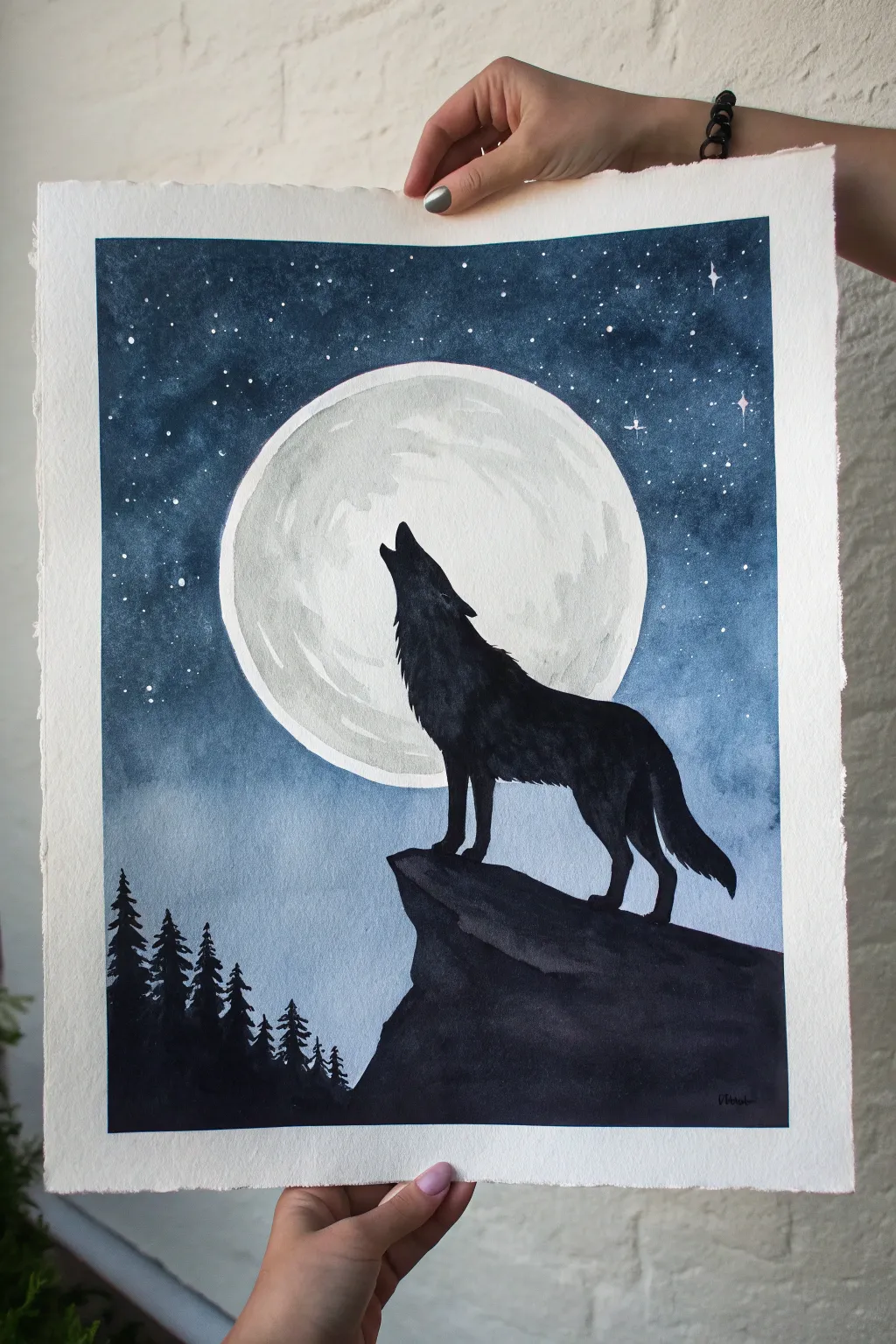 Minimal wolf silhouette under a glowing moon, calm night sky with a hint of star sparkle.