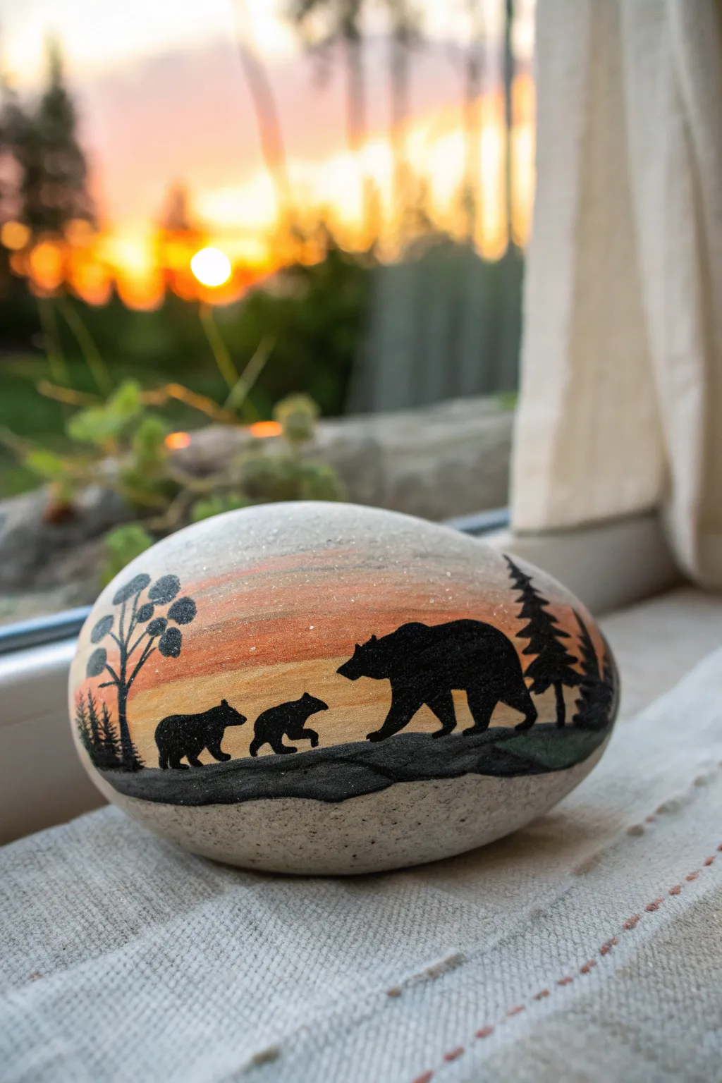 Bear family silhouettes on a golden-hour sky rock painting, minimal and cozy for beginners