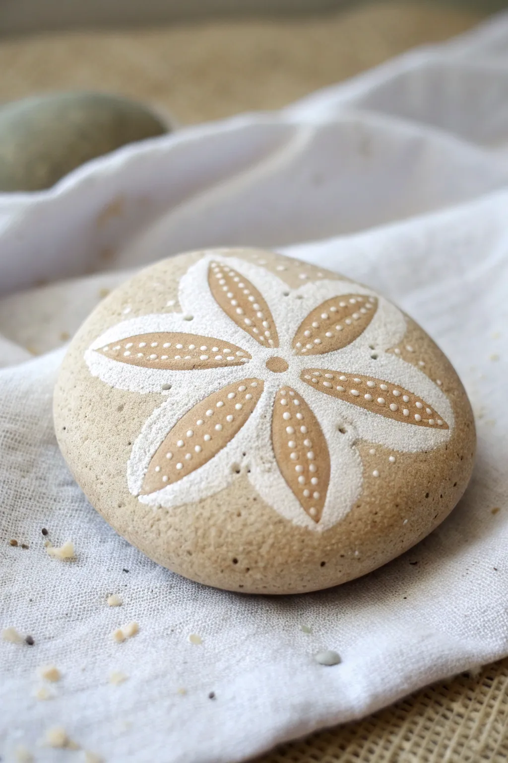 Minimal sand dollar dot design on a pale beach rock, clean lines and soft coastal contrast