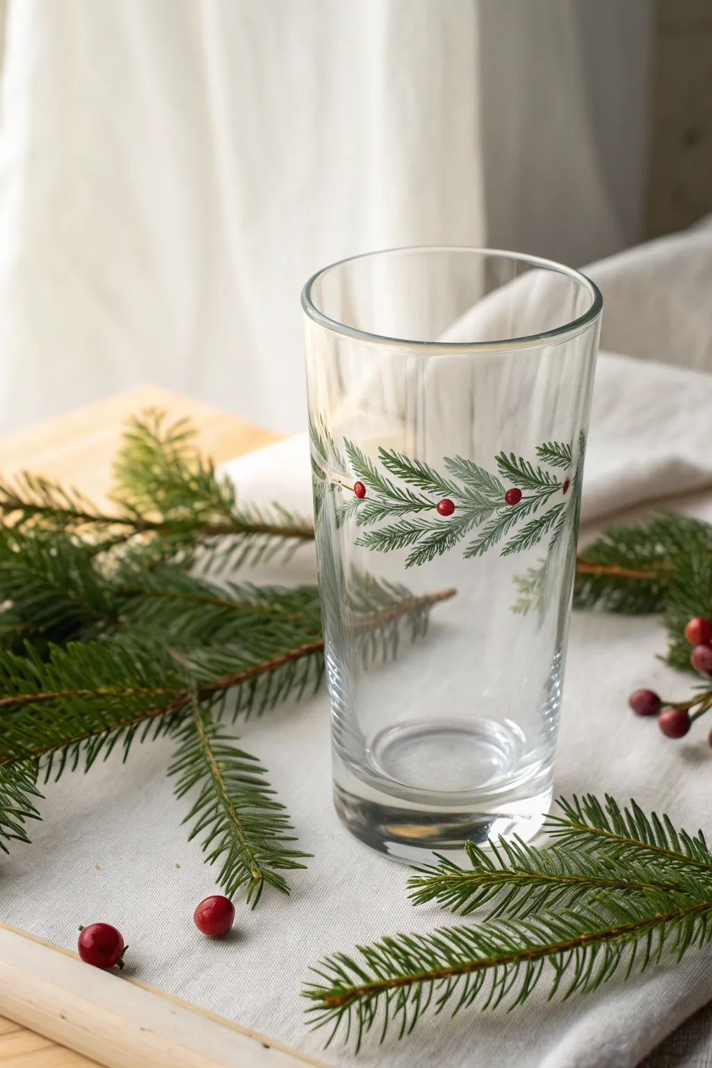 Clean glass with a simple evergreen branch border, a minimalist Christmas glass painting idea