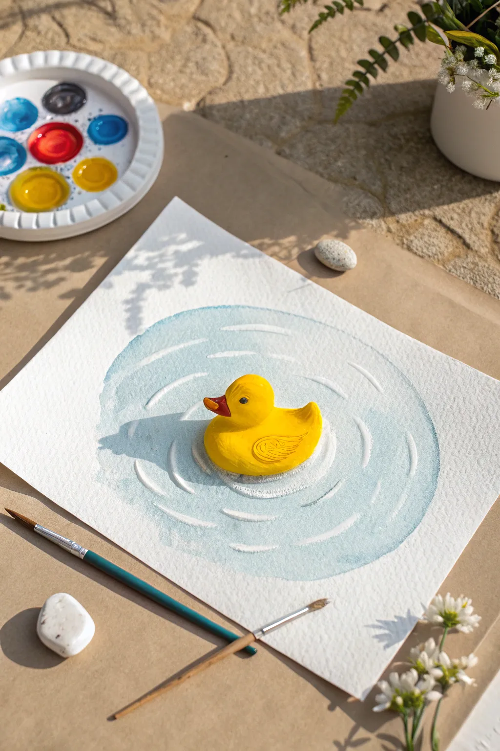 Rubber duck in a blue puddle, a simple cute easy painting idea with clean minimalist charm.