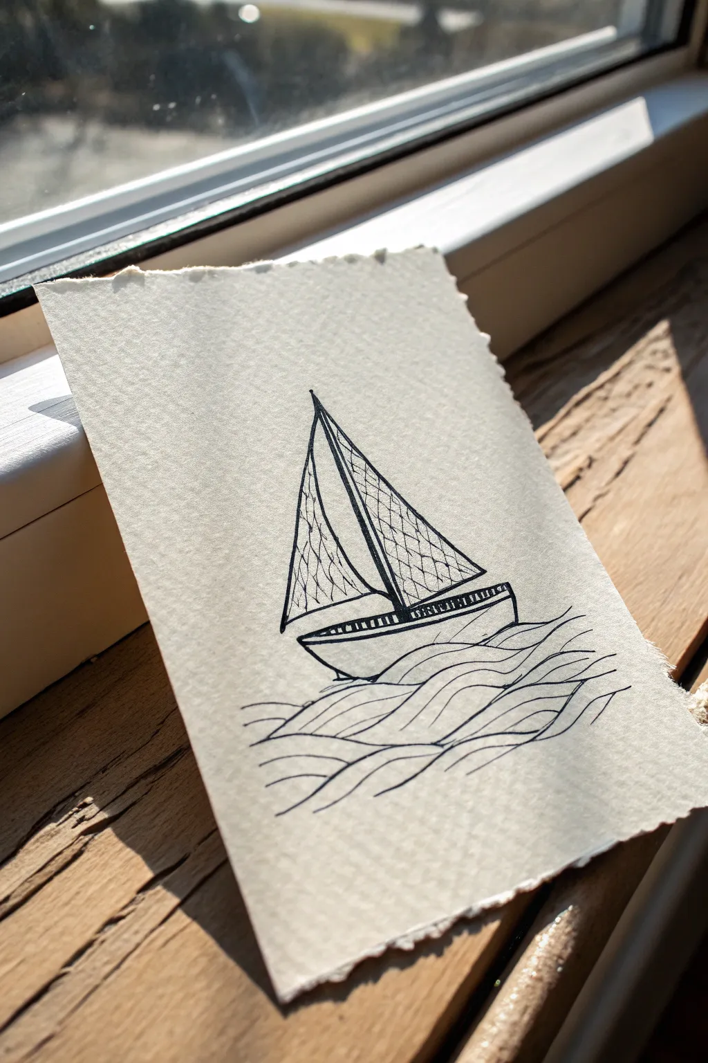 Tiny sailboat on calm waves in bold ink lines, minimal Scandinavian style with boho calm