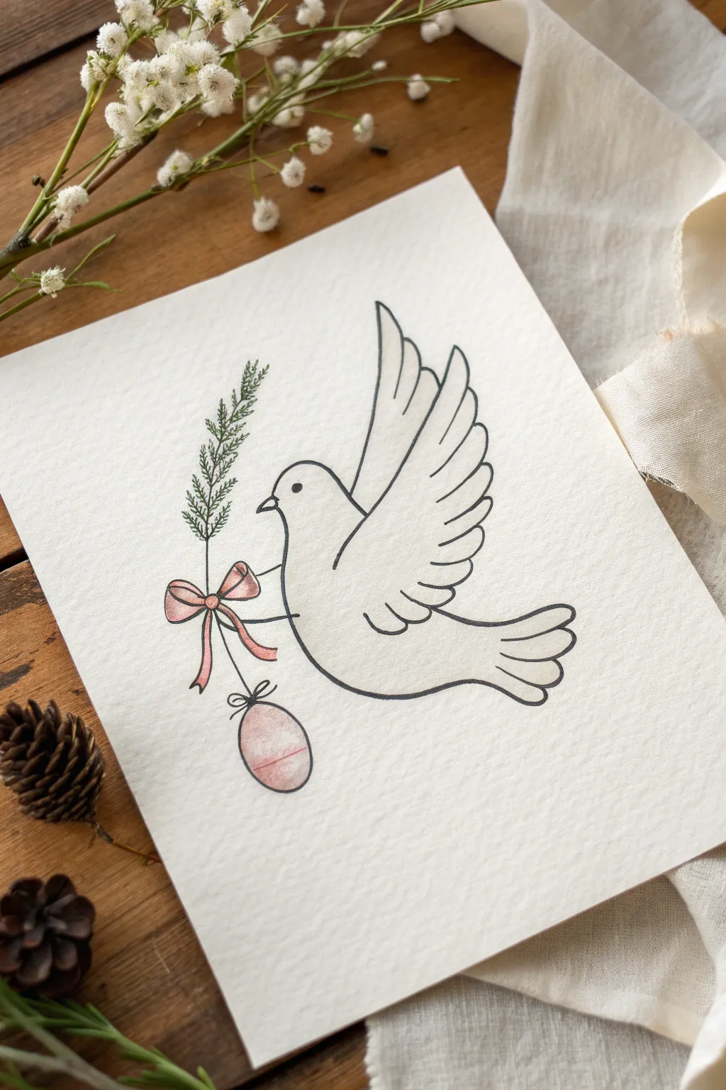 Minimal dove silhouette holding a ribbon-tied Easter egg, simple lines and soft pastel contrast.