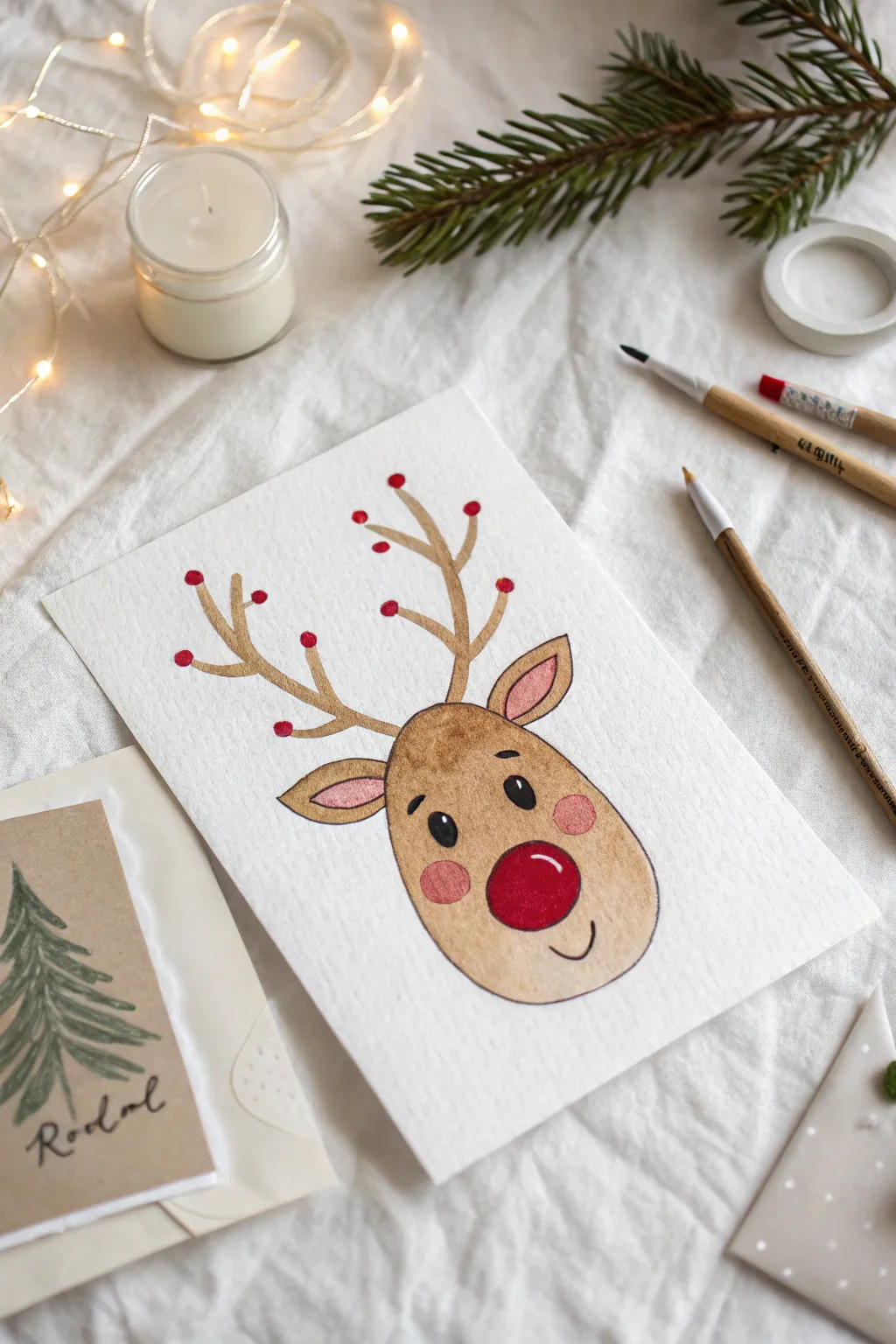 Try the Rudolph nose glow trick: simple head lines and a bright red halo nose for Christmas art