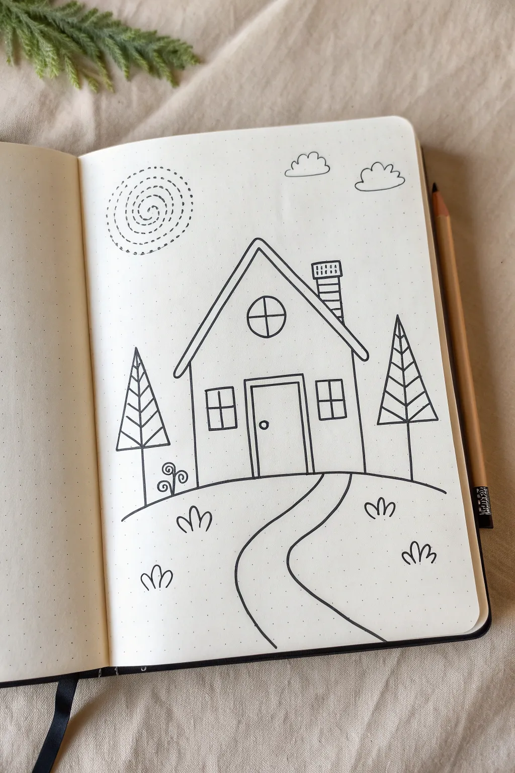 Simple little house sketch with a winding path and two trees, perfect for easy drawing practice.